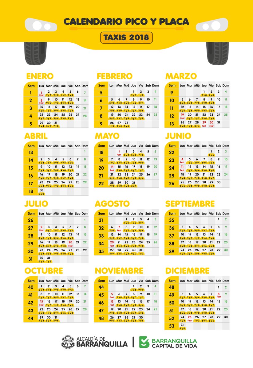 Este es el calendario de pico y placa para taxis de 2018.