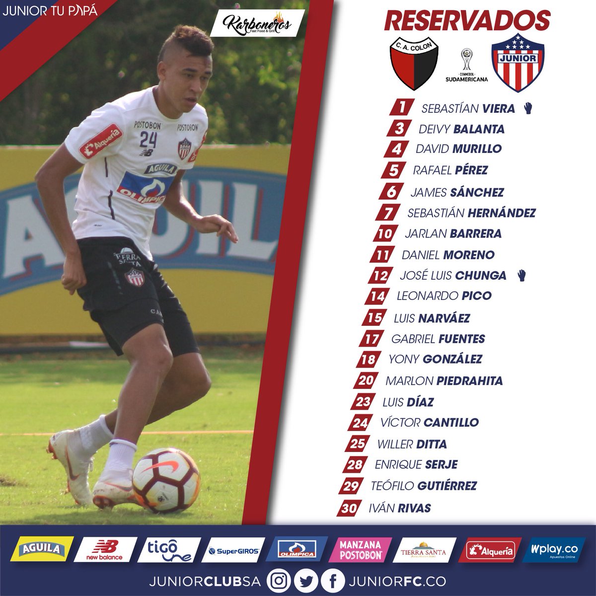 Lista de reservados para el partido Junior vs. Colón. 