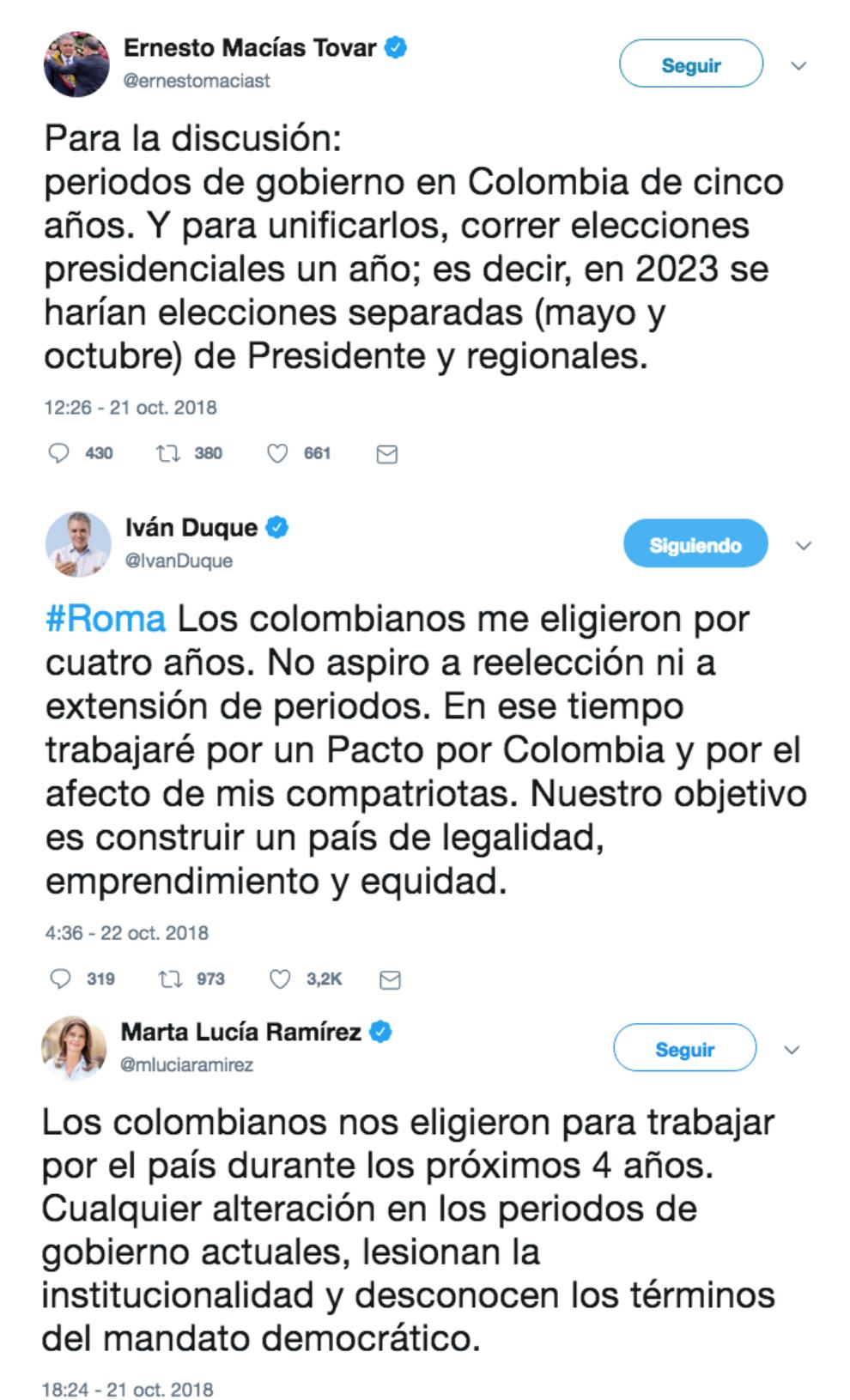 Tuits del Presidente del Senado, el Presidente de Colombia y la Vicepresidenta.