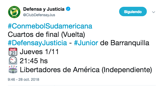 El tweet de Defensa y Justicia confirmando el horario y lugar del partido.
