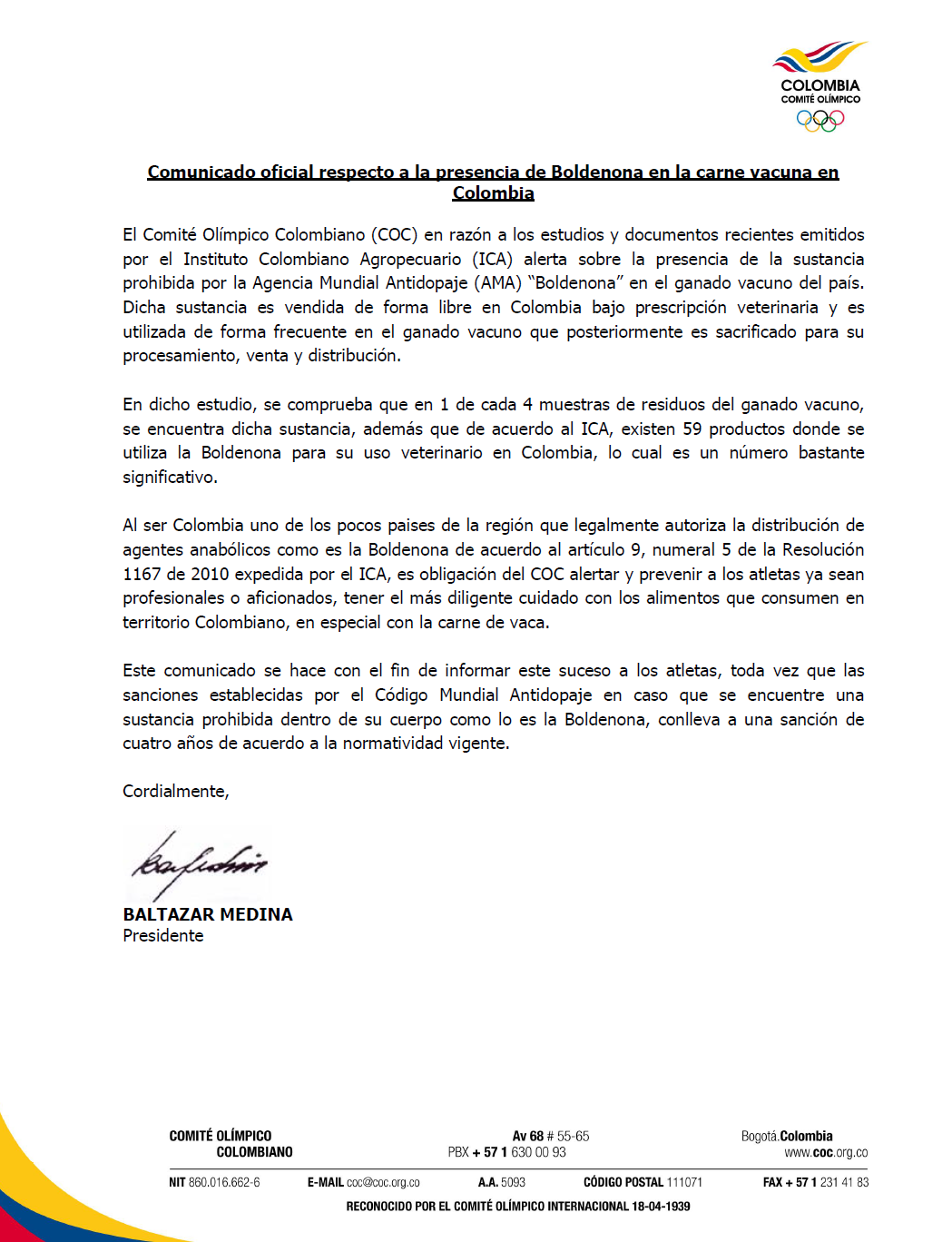 Esta es la carta de Baltasar Medina, presidente del COC, sobre el consumo de carne de res.