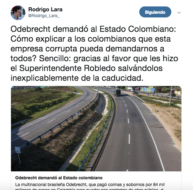 El trino del senador Rodrigo Lara en contra de el exsuperintendente Pablo Felipe Robledo.