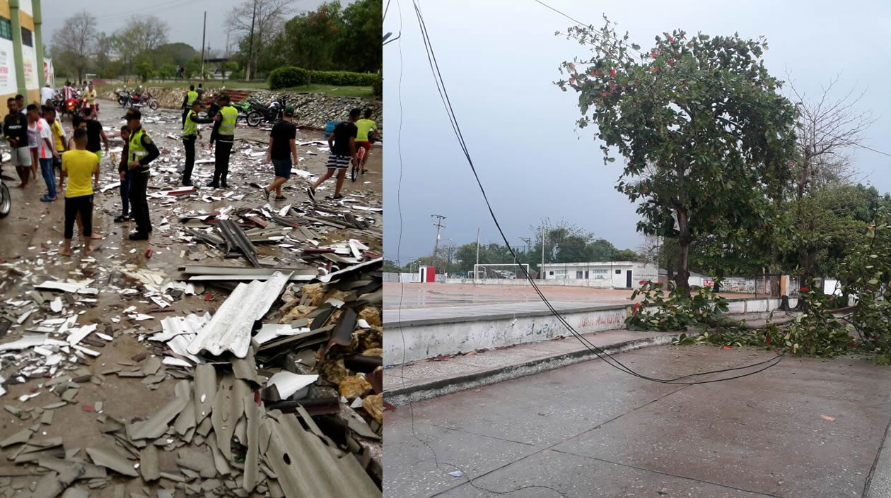 Cubierta afectada en el estadio y redes y árboles caídos en la cancha Bolívar de Sabanalarga.