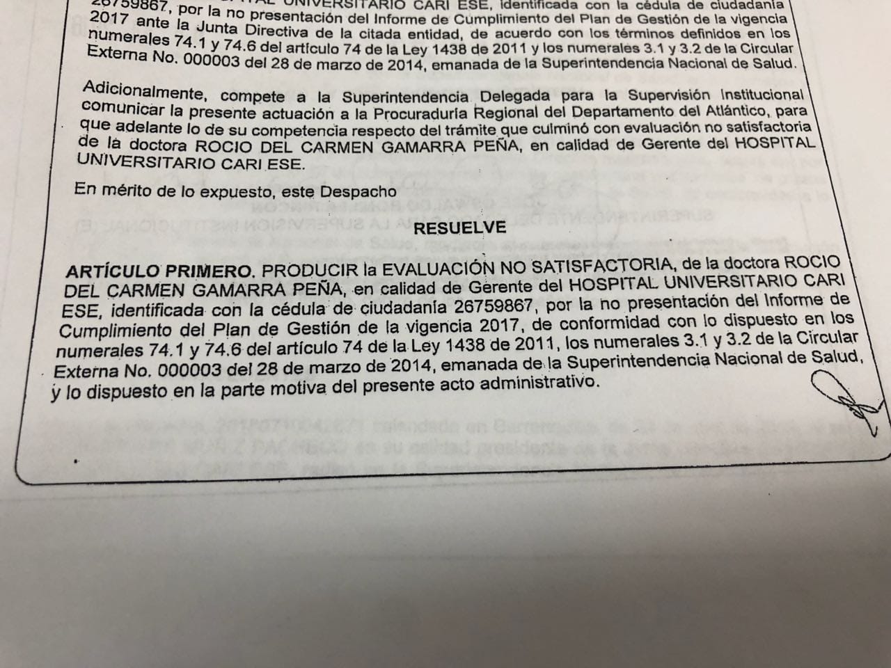 Resolución de la Supersalud sobre gerente del Cari, Rocío Gamarra. 