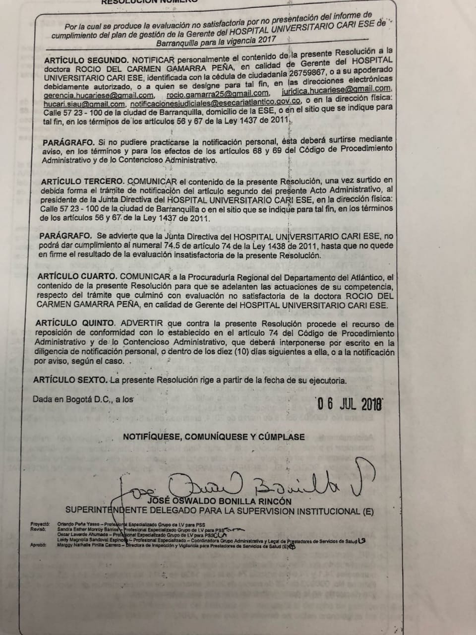 Segunda parte de la resolución de la Supersalud sobre gerente del Cari, Rocío Gamarra.