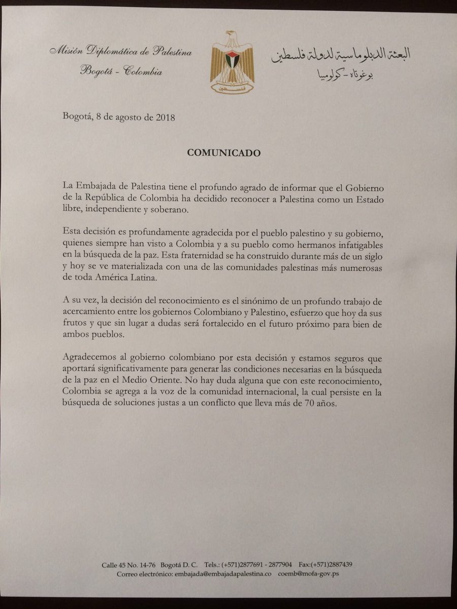 Este es el documento de la Embajada de Palestina saludando el reconocimiento de Estado por parte de Colombia.