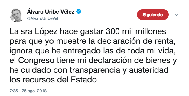 Trino de Álvaro Uribe en contra de Claudia López.