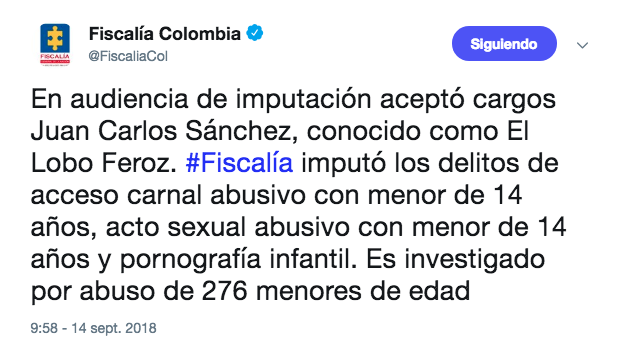 El tweet de la Fiscalía General de la Nación sobre 'El Lobo Feroz'.