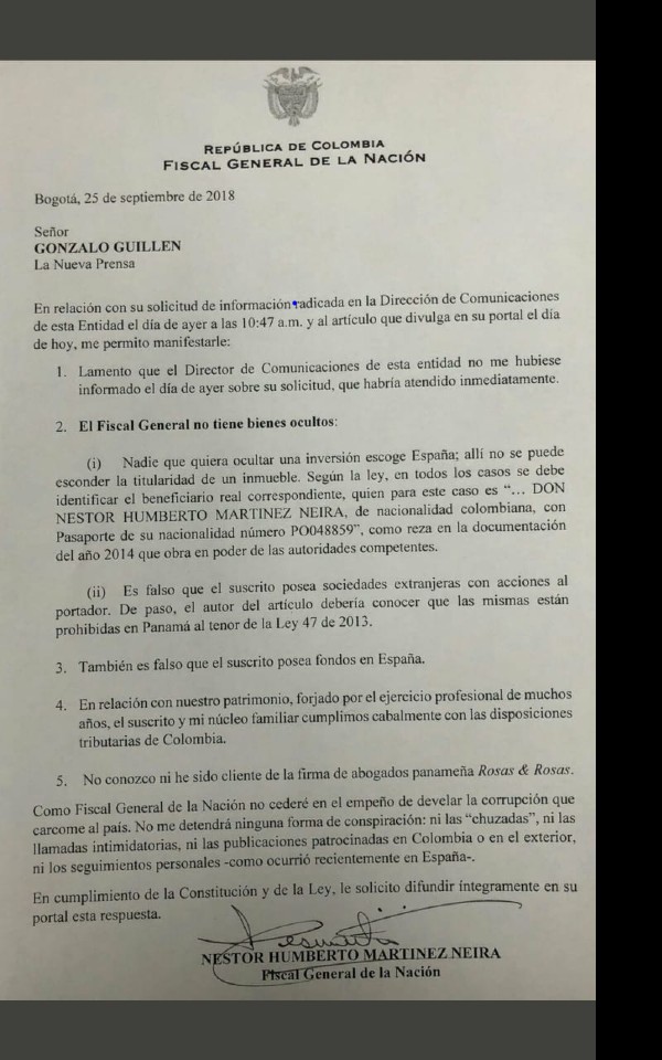 Esta es la carta del Fiscal al periodista Gonzalo Guillén.