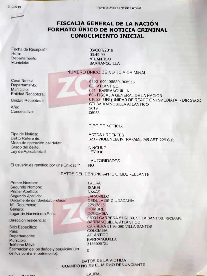 Denuncia formal de Laura Isabel Navas contra su expareja Felipe Navas Martínez.