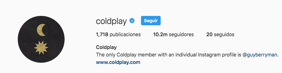 Perfil de Instagram de Coldplay.