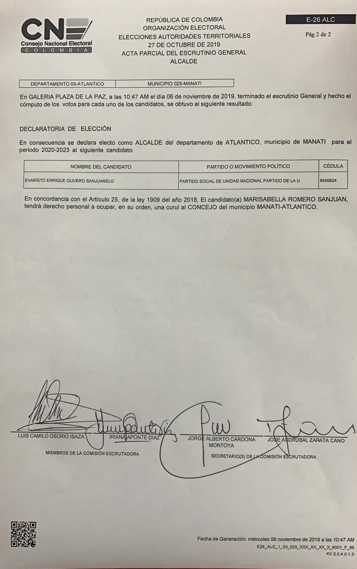 Acta de declaratoria final de elección del Alcalde de Manatí.