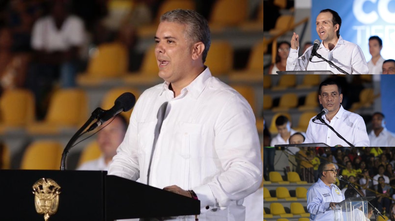El Presidente Iván Duque; el ministro del Deporte, Ernesto Lucena; el gobernador de Bolívar, Dumek Turbay y el alcalde de Cartagena, Pedrito Pereira.
