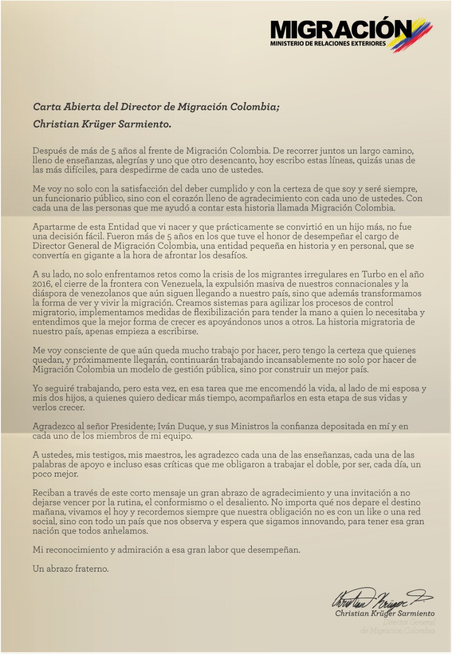 Esta es la carta de renuncia de Christian Krüger a Migración Colombia.