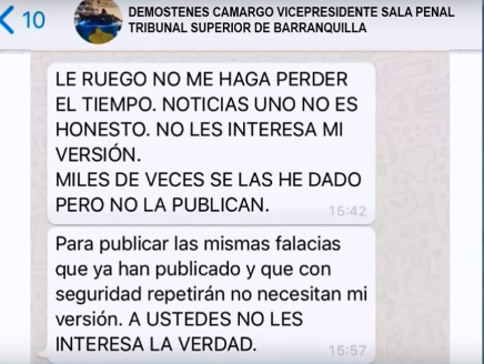 Chat de magistrado Demóstenes Camargo con Noticias Uno.