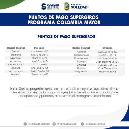 Puntos de Pago de Colombia Mayor en Soledad.