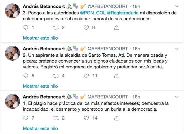 Trinos de Andrés Betancourt cuestionando el hecho.