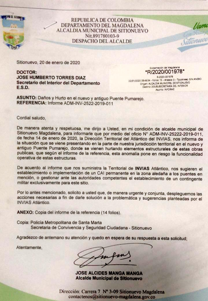 Carta enviada por el Invías Atlántico al Alcalde de Sitionuevo.