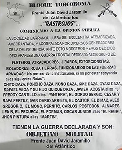 Panfleto de 'Los Rastrojos', en 2012, que menciona a 'Baltazar'.