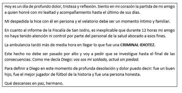 El comunicado emitido por el abogado Matías Morla.