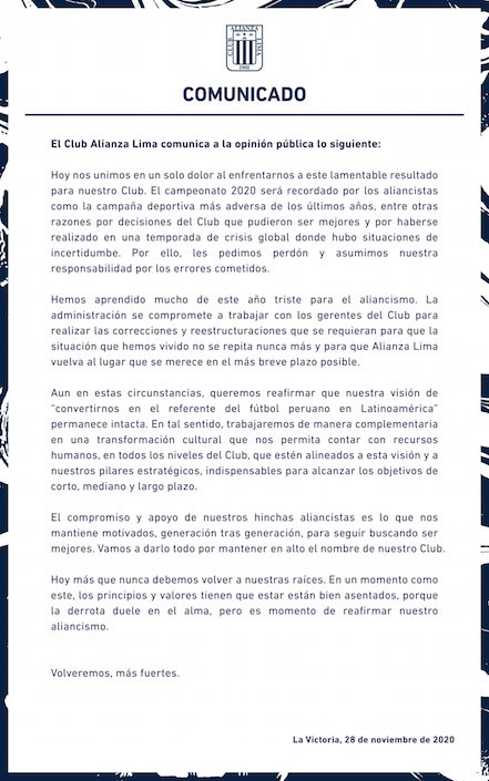 Comunicado de Alianza Lima tras el descenso.