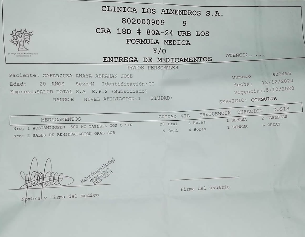 La fórmula que le entregó la doctora a Abrahan José Carzuza Anaya.