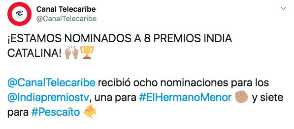 El Canal Telecaribe celebró la noticia de sus nominaciones a través de Twitter.