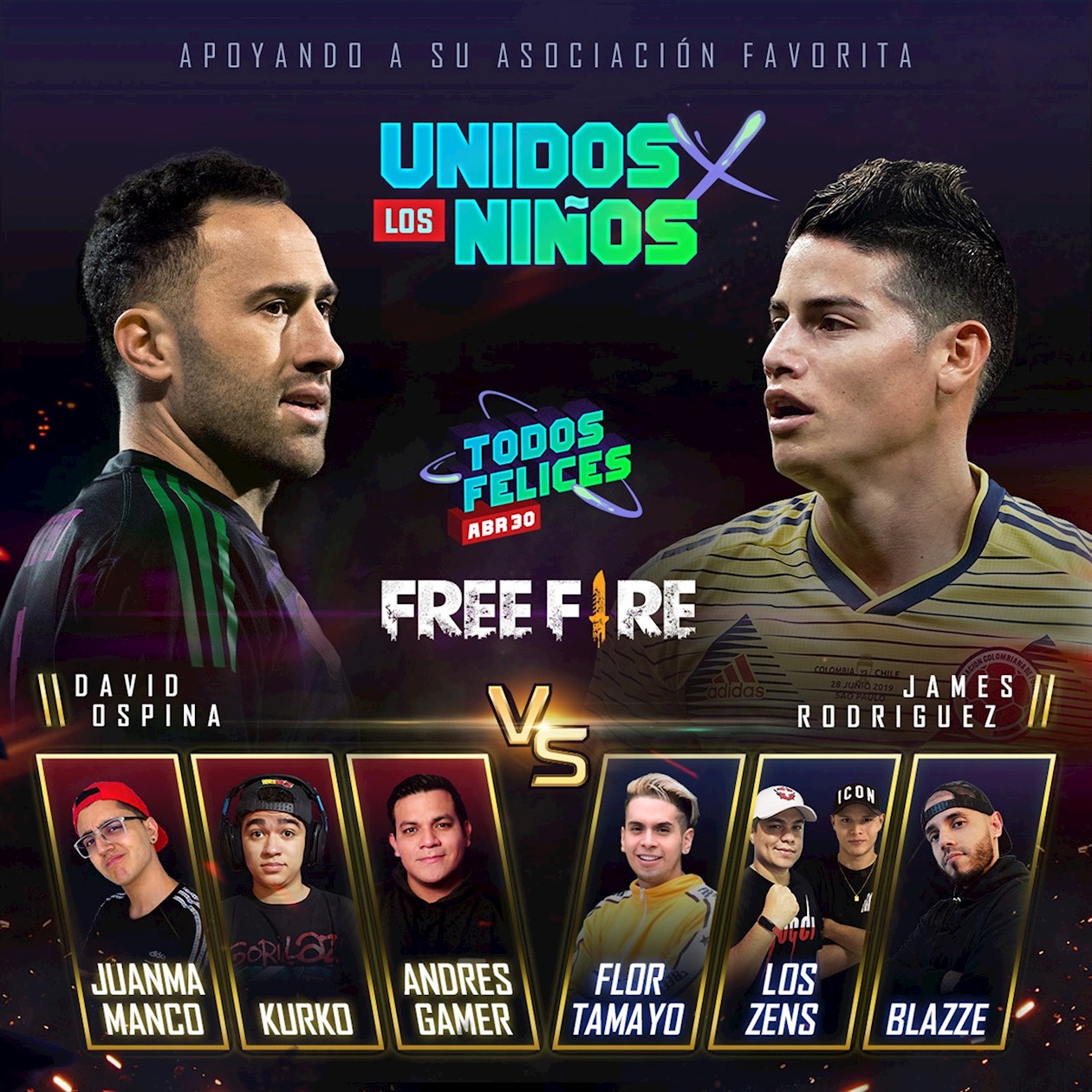 Imagen sin fecha cedida por la empresa Garena que promociona el torneo de Free Fire: Unido x los Niños en el que participarán los futbolistas colombianos David Ospina (i) y James Rodríguez.