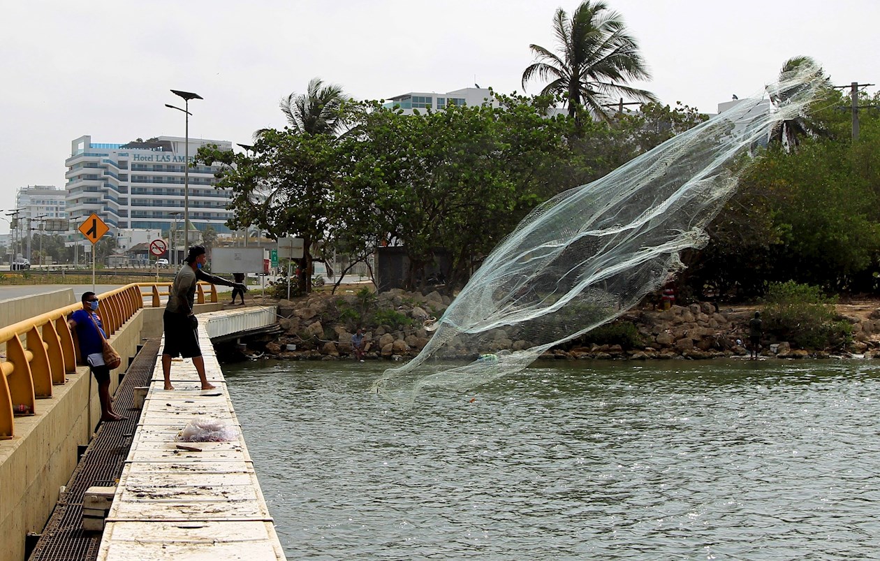 Un par de pescadores de La Boquilla, un corregimiento vecino de Cartagena de Indias (Colombia), fueron registrados al lanzar una red cerca de la desembocadura de un río. 
