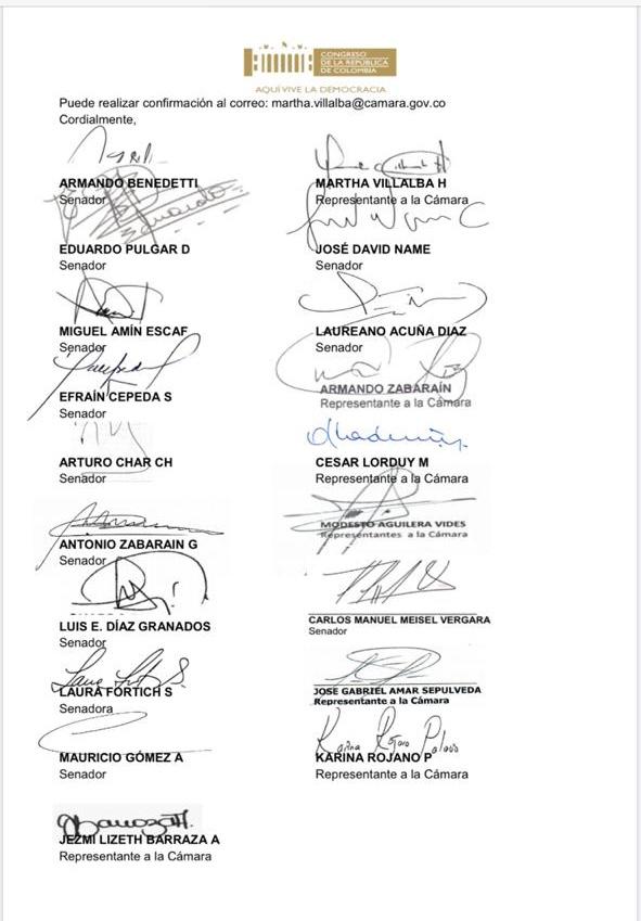 La carta firmada por la bancada de congresistas del departamento del Atlántico.