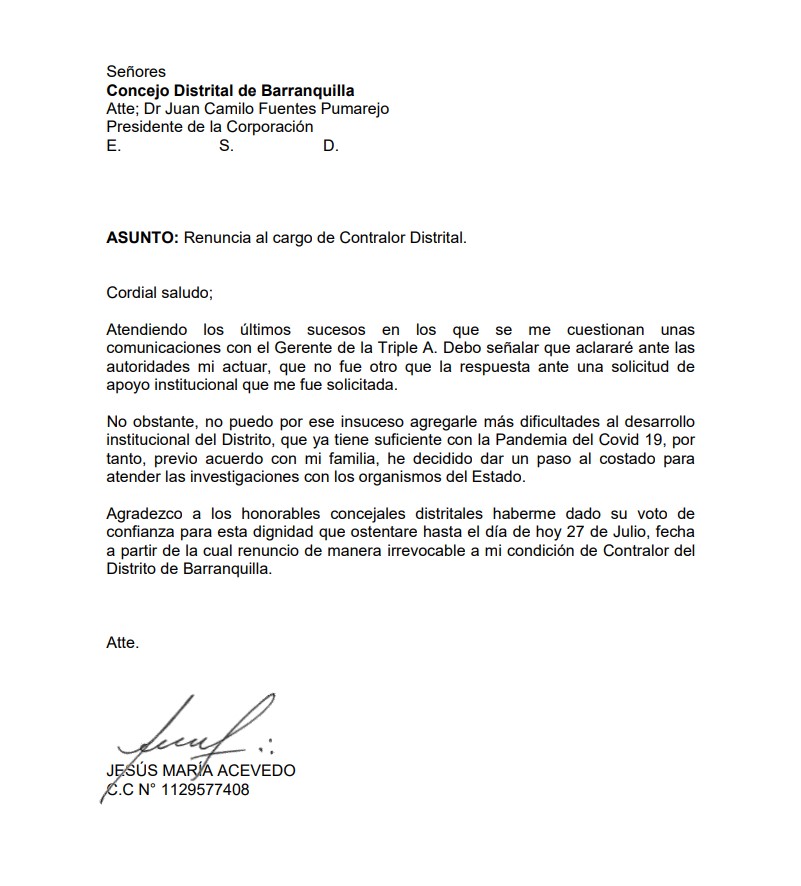 Carta de renuncia del Contralor Distrital Jesús María Acevedo