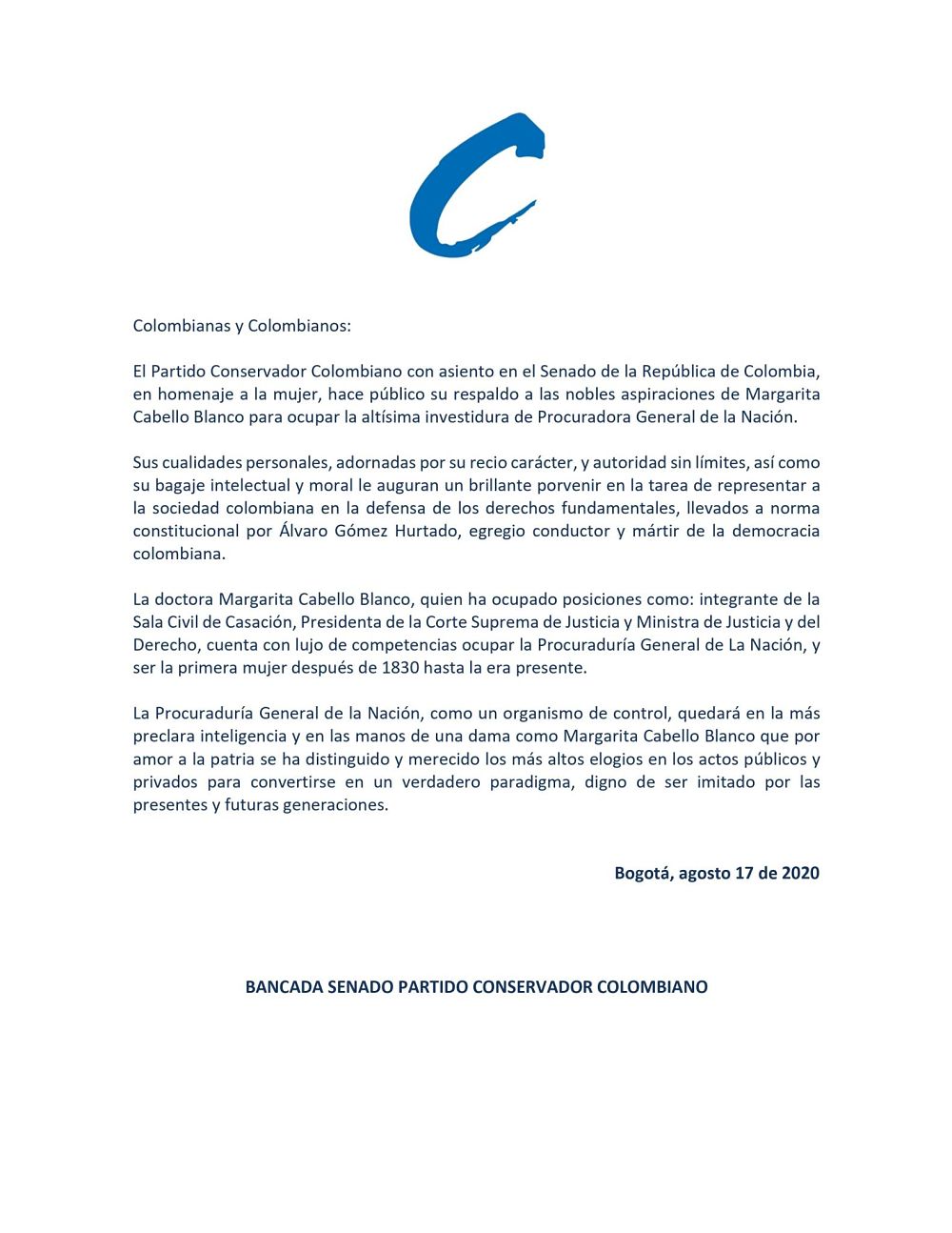 Comunicado del Partido Conservador Colombiano.