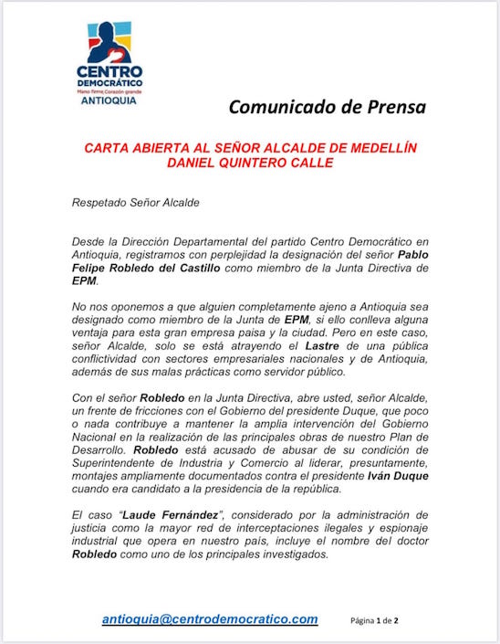 Carta abierta al Alcalde de Medellín.