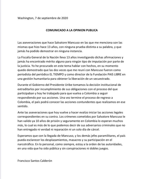Carta de 'Pacho Santos' anunciando acciones legales contra Salvatore Mancuso.