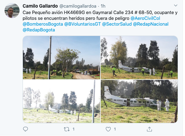 Foto de @camilogallardoa sobre accidente de avioneta en Bogotá.
