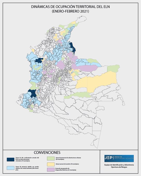 Mapa de ocupación territorial del ELN en Colombia.