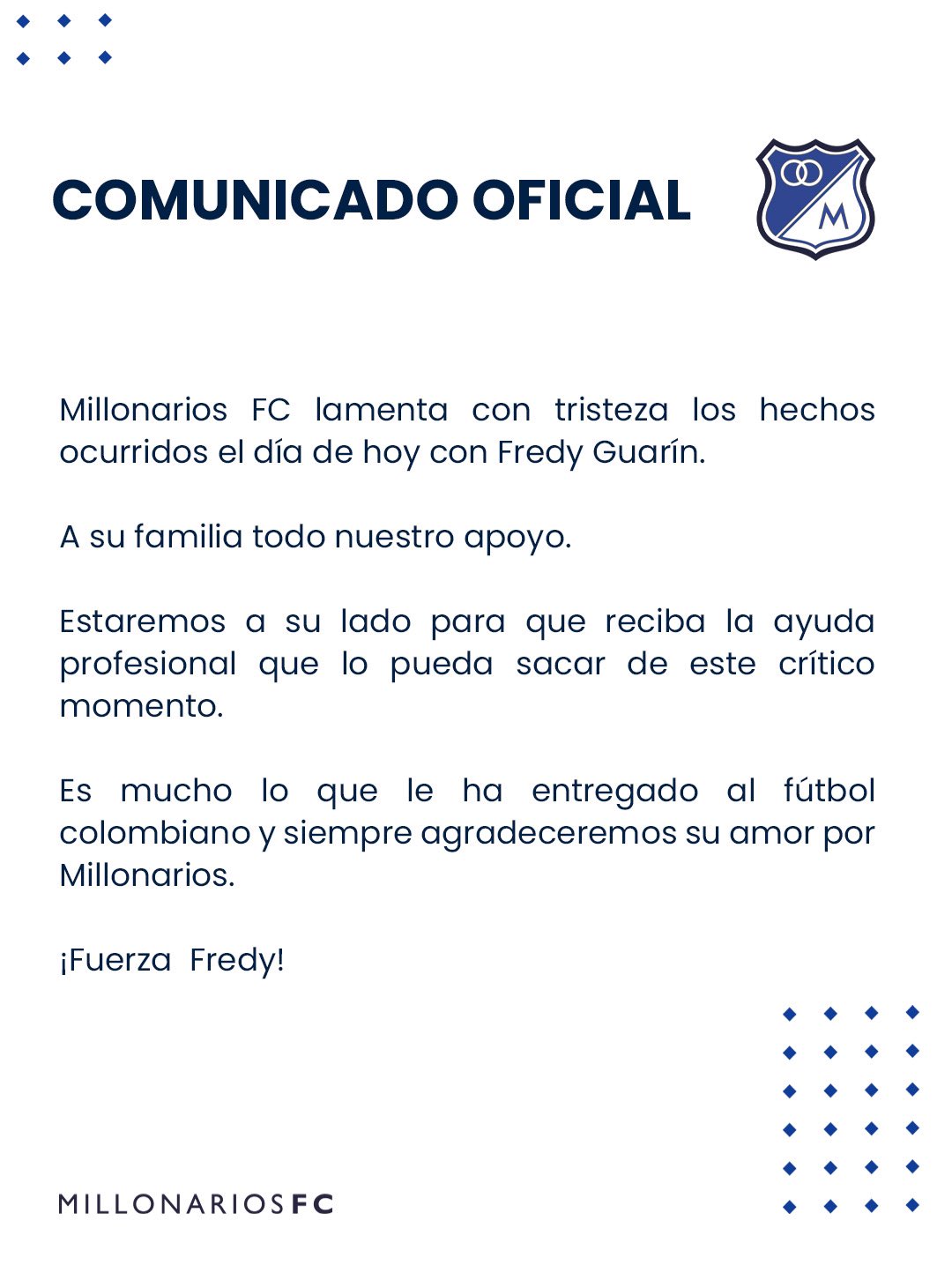 Comunicado de Millonarios sobre Fredy Guarín. 