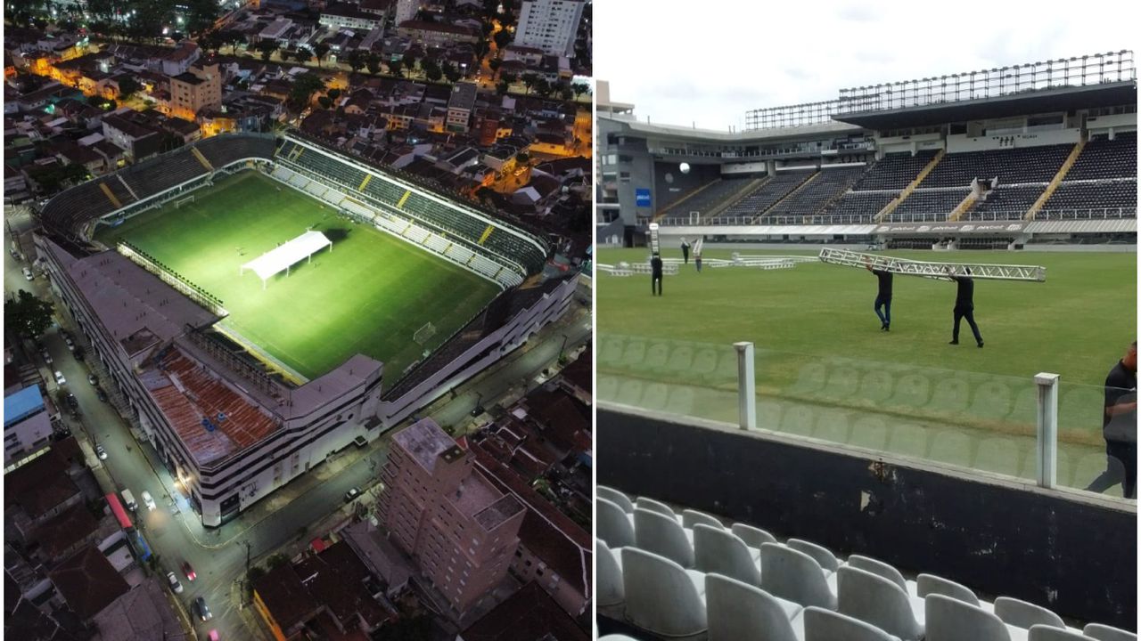 Imágenes de lo que serían los preparativos en el estadio de Santos para el funeral de Pelé.