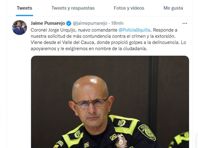 El trino del Alcalde Pumarejo en el que confirma el cambio en la Policía Metropolitana.