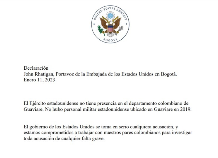 Comunicado de la embajada de Estados Unidos en Colombia.