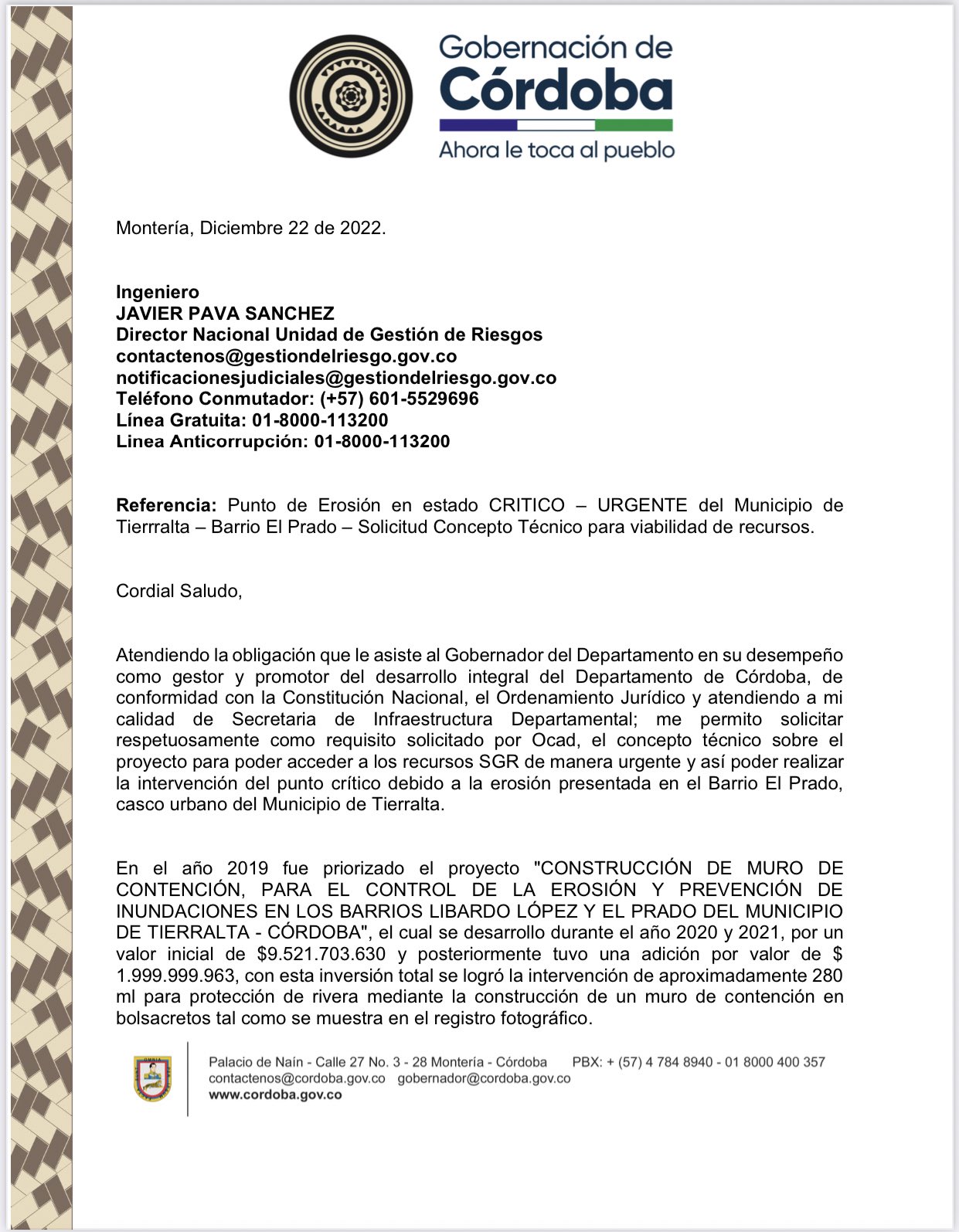 El mensaje de urgencia del gobernador de Córdoba a la UNGRD