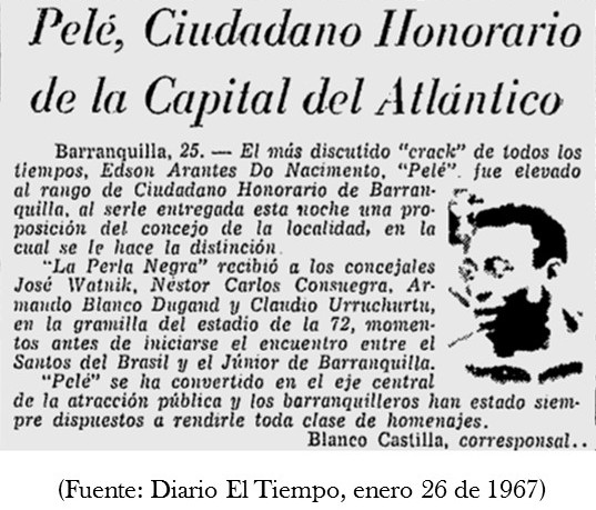 Registro periodístico de la presencia de Pelé en Barranquilla.
