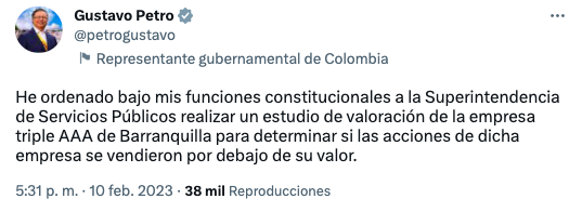 Trino del Presidente Petro anunciando estudio de valoración a la Triple A.