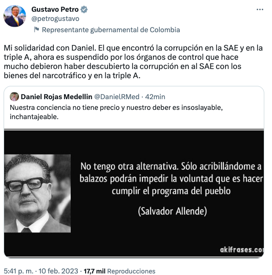 Trino del Presidente Petro respaldando al presidente de la SAE.