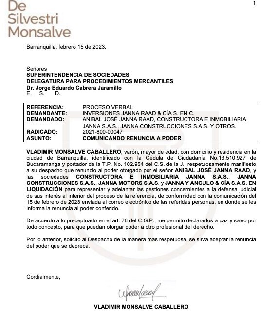 Carta de renuncia de Vladimir Monsalve.