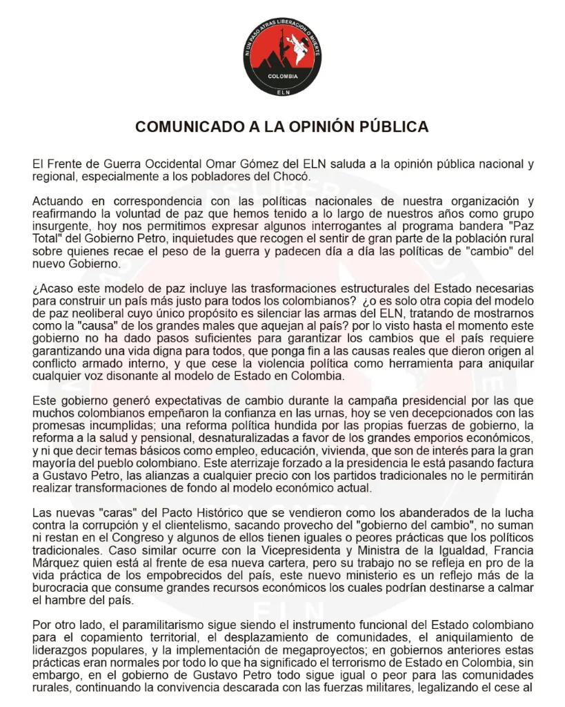 Comunicado del Frente de Guerra Occidental Omar Gómez del Ejército de Liberación Nacional.