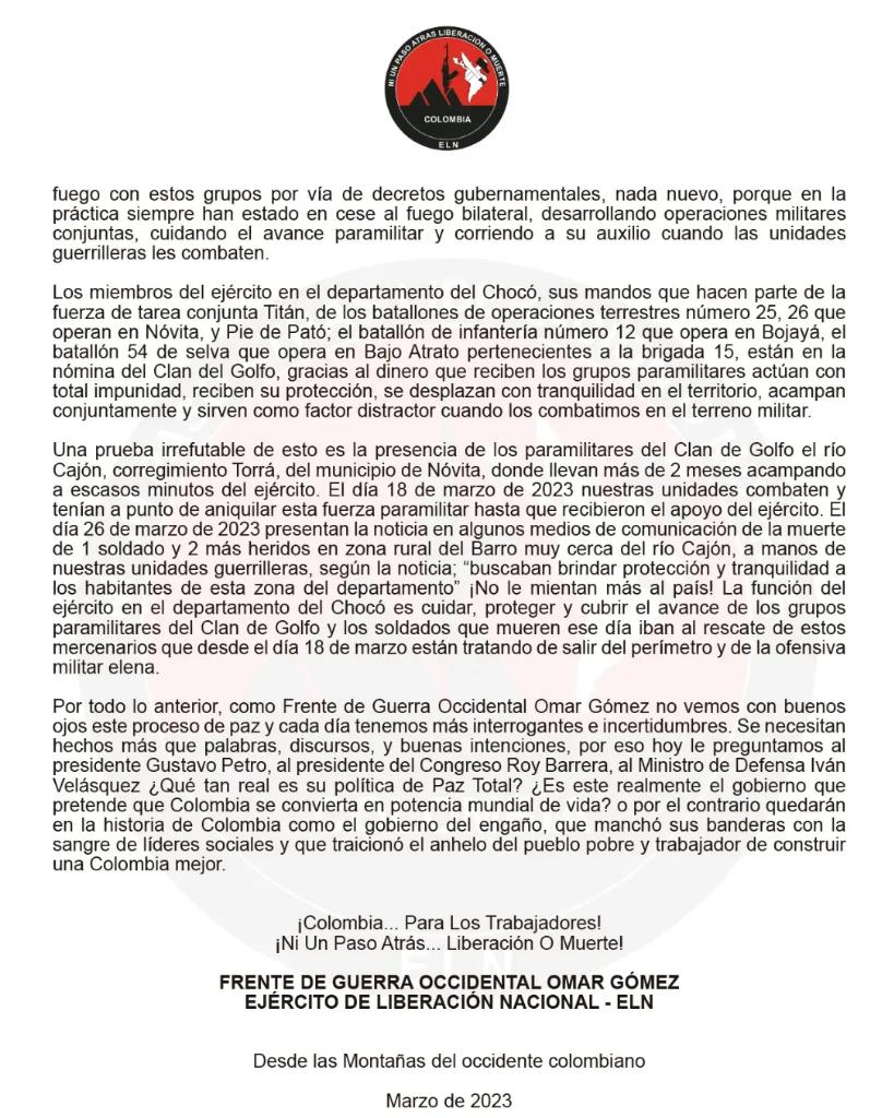 Comunicado del Frente de Guerra Occidental Omar Gómez del Ejército de Liberación Nacional.