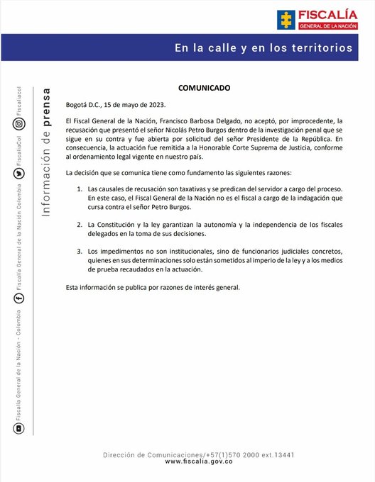 Comunicado emitido por la Fiscalía.