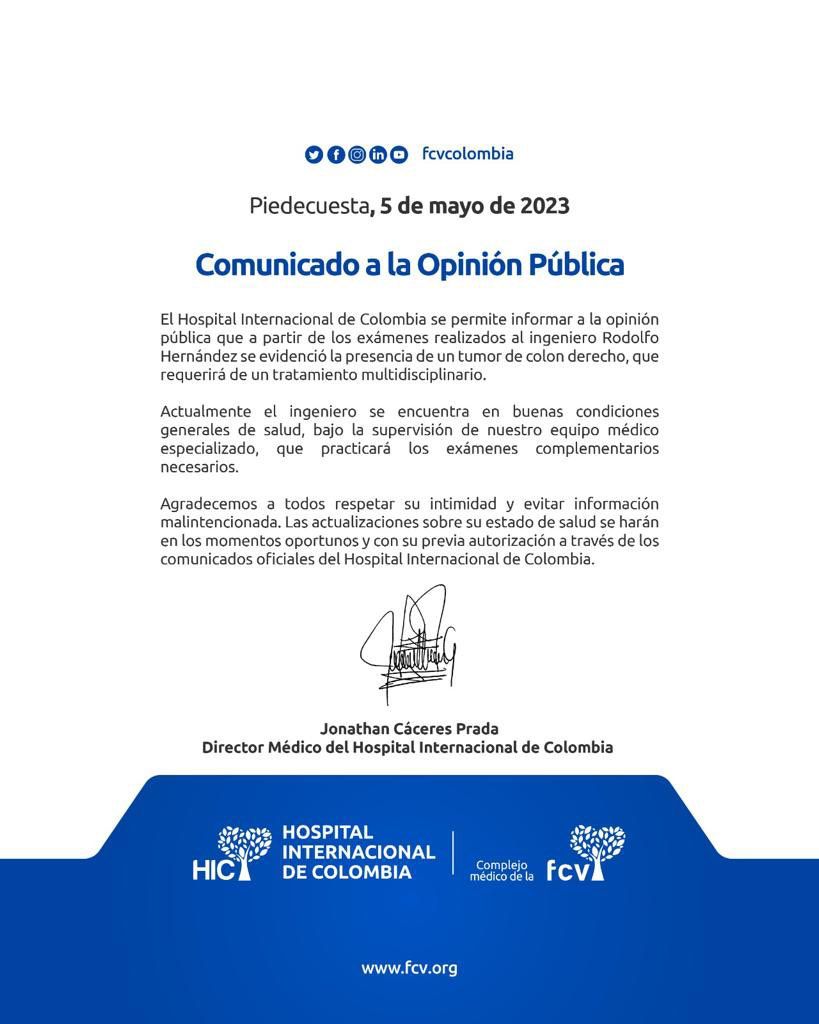 El comunicado emitido por el Hospital Internacional de Colombia.