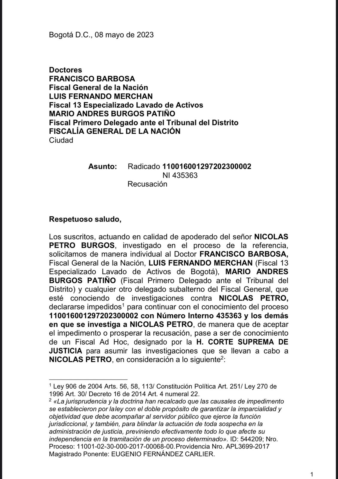 El documento de recusación radicado por los abogados de Nicolás Petro.